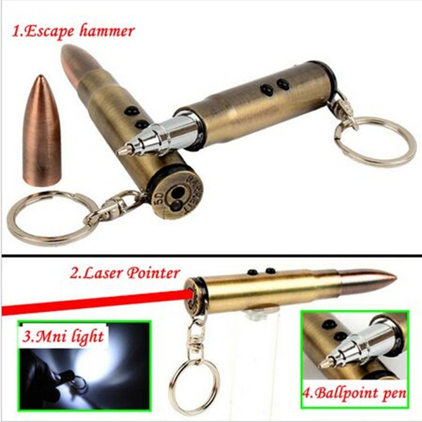 Outdoor Life-saving Bullet Shape Keychain Light Hammer Ballpoint Pen EDC 