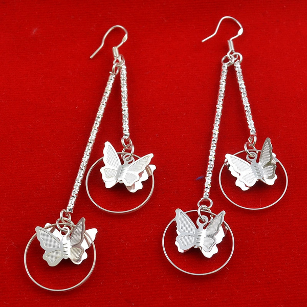 silver butterfly drop earrings