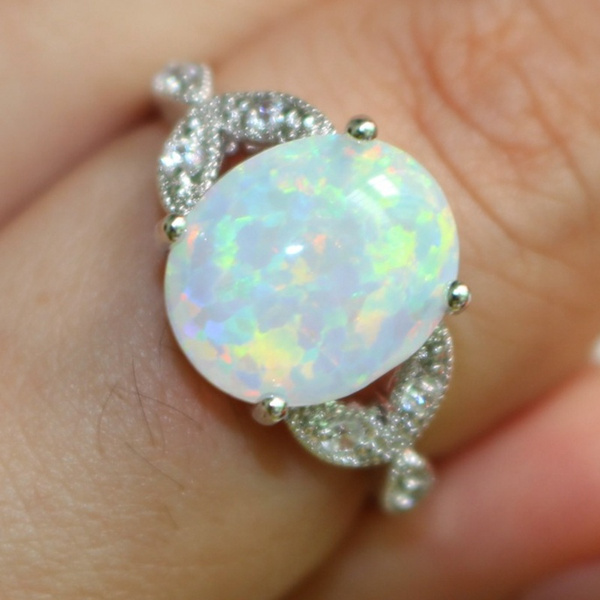 Synthetic Opal, Pink Opal  Green Fire Silver Ring Size: 18.1 mm 57 DE Opal Jewelry 8 Opal Ring Zirconia US - Opal Jewelry