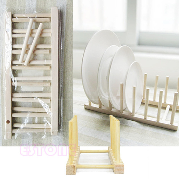 Wooden Plate Stand Wood Dish Rack Stand Display Holder Lids Holds