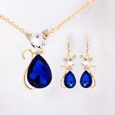 Mujer Collar Pendients Women's 18k Yellow Gold Plated Ruby/Emerald/Blue Sapphire Austrian Crystal Jewelry Sets Chain Necklace+Earrings