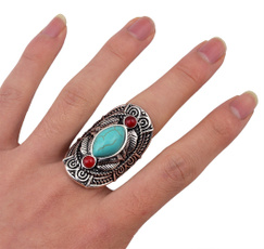Bohemian Style Tibet Silver Design Red Turquoise Gem Stone Big Beachy Boho Joint Rings for Women