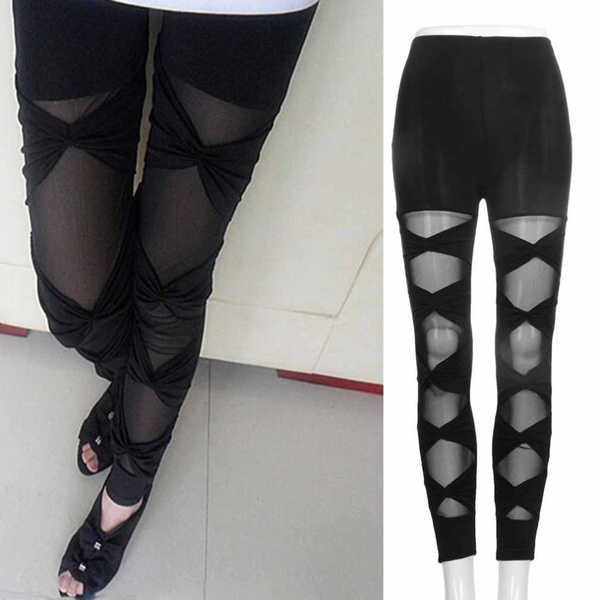 Sexy Cut Out Bandage Black Leggings For Women Ripped Black