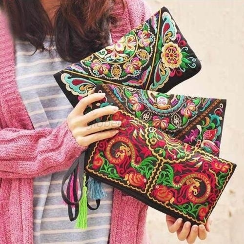 Women Retro Boho Ethnic Embroidered Wristlet Clutch Bag Handmade Purse Wallet 6N