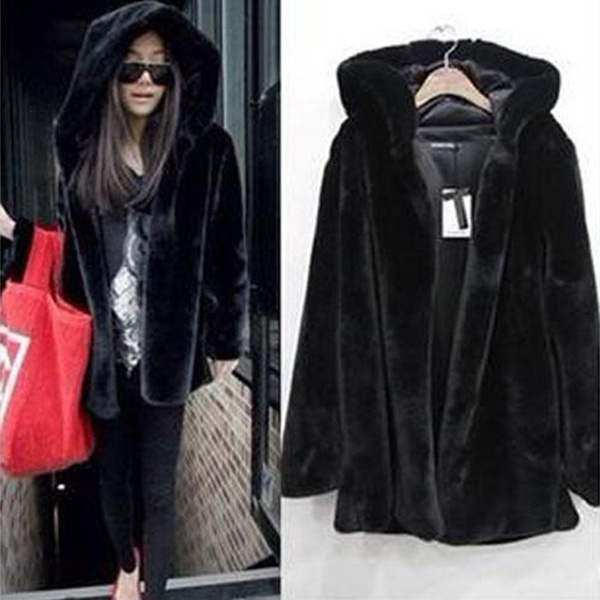 black fluffy hooded jacket