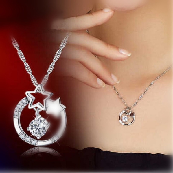 New 925 Sterling Silver Plated Wishing Star Heart with You Pendant Necklace  Jewelry Wholesale