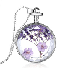 Purple Dried Flowers Round Heart Bottle Shaped Locket Glass Necklace Pendant Chain Necklace