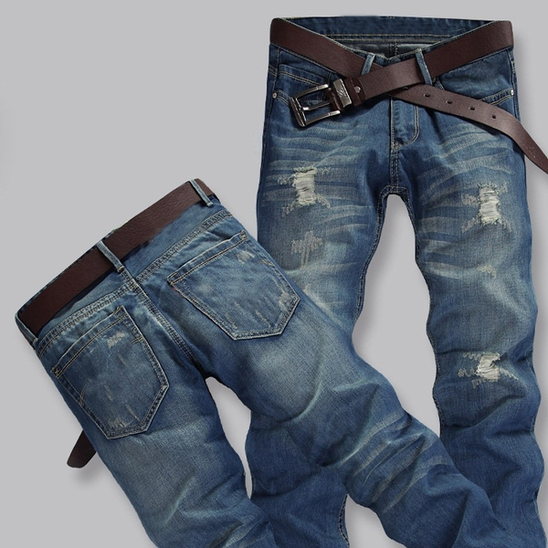 Man Holes in Jeans Wear White Nostalgic Pale Blue Casual Fashion Jeans ...