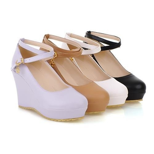 Plus size high heels wedges shoes woman ankle strap soft leather