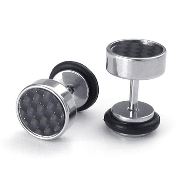 JewelryWe 9mm Mens Stud Earrings Stainless Steel Illusion Tunnel Plug Screw  Back with Carbon Fiber, 2pcs, Black : Amazon.co.uk: Fashion