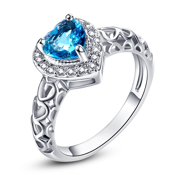 Ladies  Yellow Gold Plated Fashion Solitaire Ring with Heart Blue Topaz