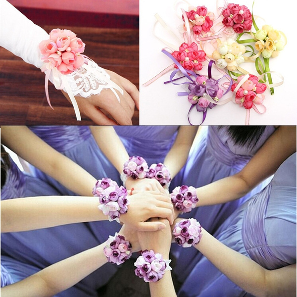 Hand Flowers Prom Bouquet Bridesmaids Bride Wrist Flower Wedding Party Bracelet 