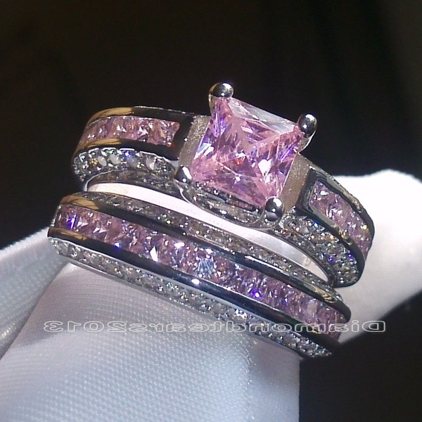 2Pcs/Set 925 Sterling Silver Pink Purple White & CZ Wedding Set Rings Size  6 7 8 9 10 11 | Wish