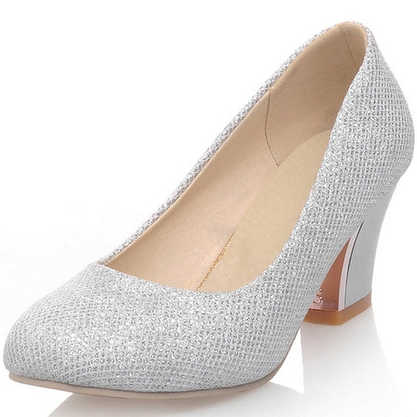 Silver Glitter Mid Height Court Shoe With Ankle Strap & Block Heel – Linzi