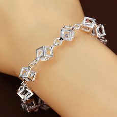 Women Girls Fashion 925 sterling silver Charm Box Cube Inlay Crystal Chain Bracelet Jewelry