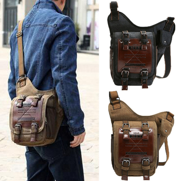 Men's Vintage Canvas Leather School Satchel Military Shoulder Bag ...