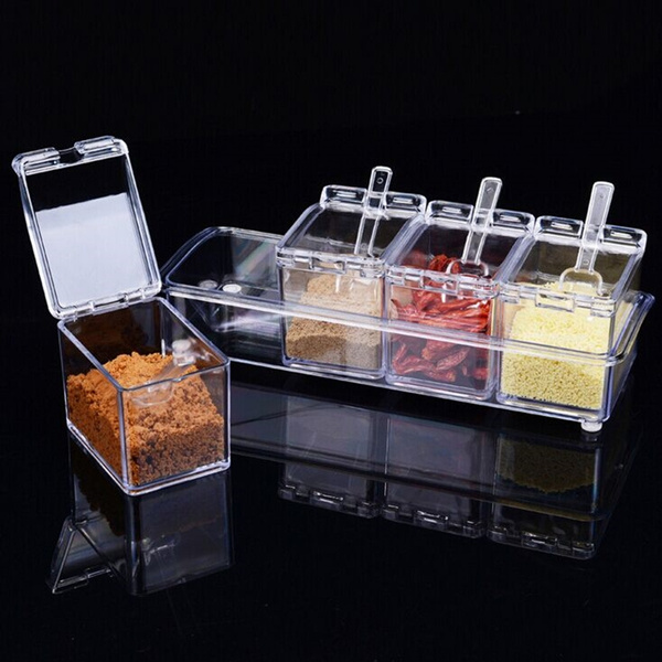 Condiment Container Clear Seasoning Box and Spoon with Lid Seasoning Spice  Pots