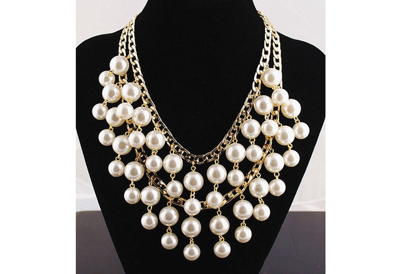New Caroline Broke Gold Cream Big Pearl Pendant Chain Multilayer Choker Necklace 