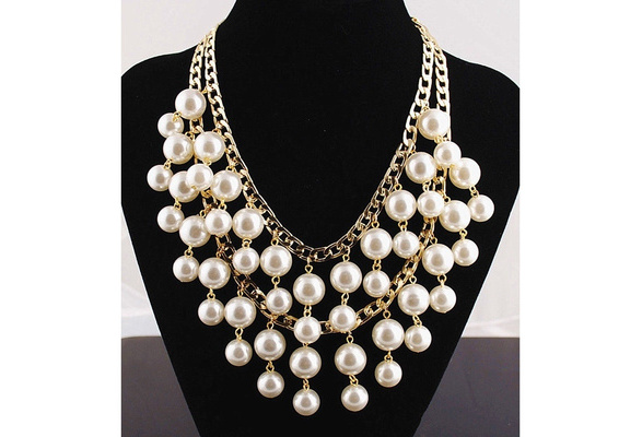 New Caroline Broke Gold Cream Big Pearl Pendant Chain Multilayer Choker Necklace New Caroline Broke Gold Cream Big Pearl Pendant Chain Multilayer Choker Necklace