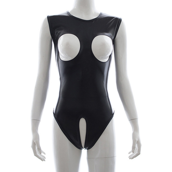 Women Open Breast Bodysuit Patent Leather Catsuit Lingerie