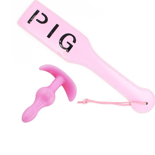 2 Pcs of Sex Toys = Pink Pig Leather Bondage Spanking Paddle Whip + Pink  Mini Calabash Plug Massager