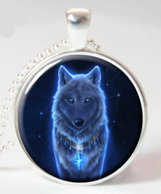 2PCS  Vintage Glowing Wolf Cabochon Tibetan silver Glass Chain Unisex Pendant Necklace#