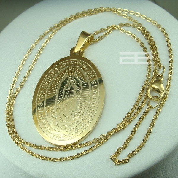 18-36MEN Stainless Steel 3mm Gold Plated Box Link Chain VIRGIN MARY Pendant*G26