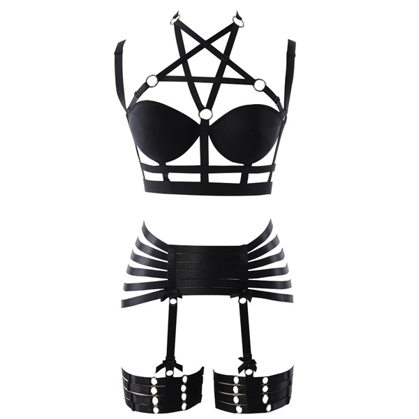 Womens Punk Body Breast Harness Full Cage Strap Frame Bra Lingerie Garter Belt Set Halloween Dance Club Party Rave Wear 