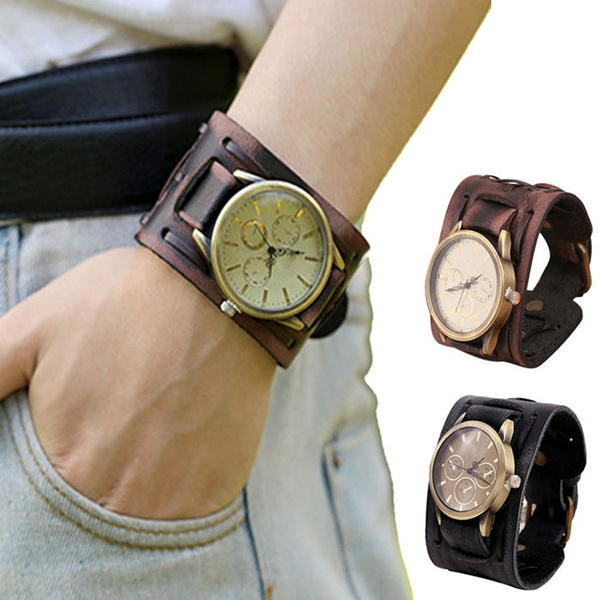 Relogio Masculi Retro Big Wide Genuine Leather Strap Watch Men Punk Quartz Cuff  Watch Wristwatches Bracelet