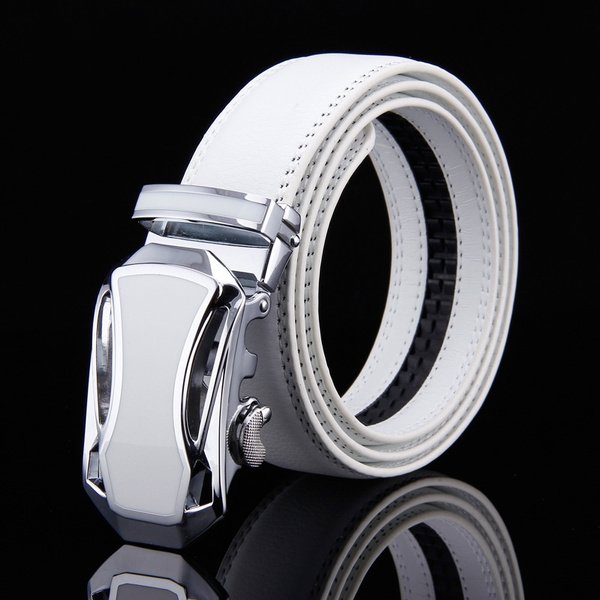 White Leather Suit Belt With Silver Designer Buckle For Men, CMC