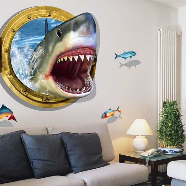 Wall Stickers Shark Fish Underwater Ocean Smashed Decal 3D Art Vinyl Room C420 