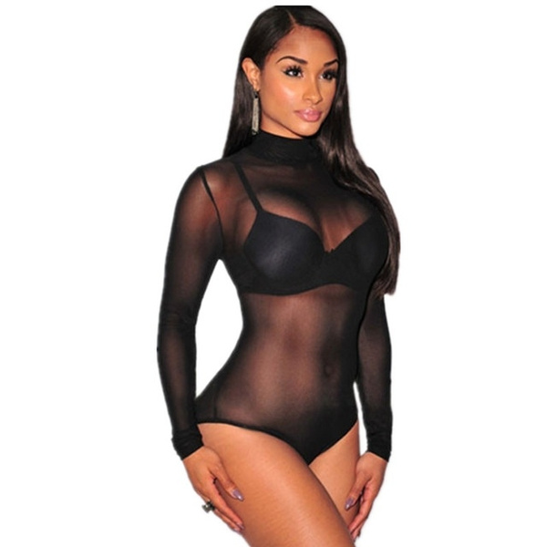 Turtleneck Long Sleeve Teddy Lingerie Autumn Black Mesh Unlined Mock Neck Bodysuit Women s Top Vetement Femme