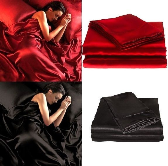 Luxury Satin Silk Soft QUEEN Bed Fitted Sheet Set RED BLACK Wish