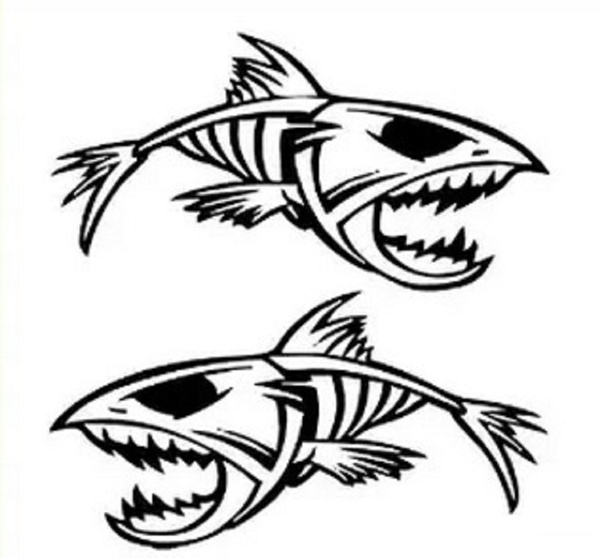 2Pcs/lot Mouth to Mouth Skeleton Tribal Fish Vinyl Decal Kayak