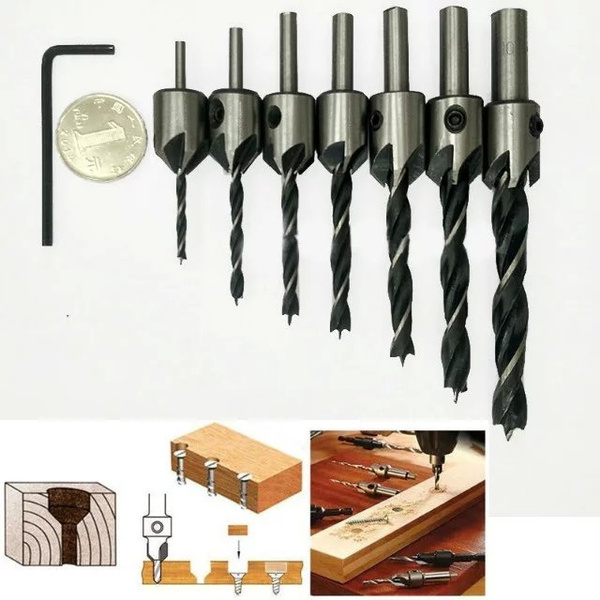 7pcs HSS 5 Flute Countersink Drills Bit Reamer Set Woodworking Chamfer ...