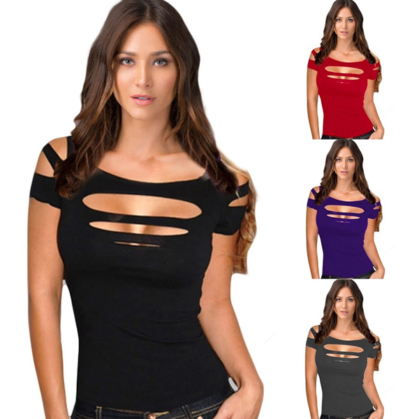 Sexy Fashion Short Sleeves Cut Out Shredded Top T Shirts Stretch
