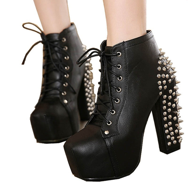 2015 el Punk de invierno moda para mujer botines remaches bota de  plataforma gruesa tacones altos mujeres moto botas cordones Lace up zapatos  S642 | Wish
