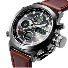 AMST Men Army Military Sport Stainless Steel Case Digital LED Quartz Brown Leather Wrist Watch