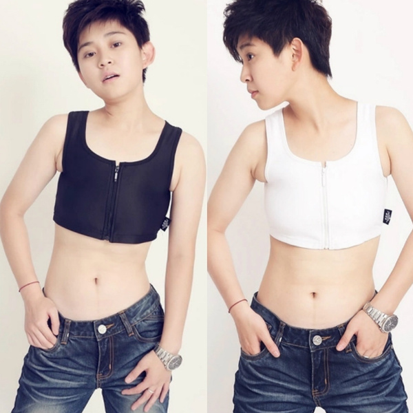 Classic Lesbian Zip Breast Chest Binder FTM Crop Vest Tomboy Tank Top  Bandage Black 023 Asian Sizing