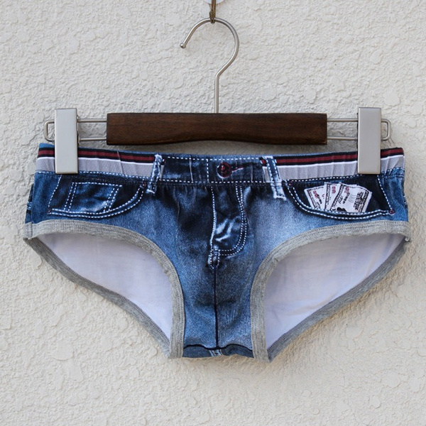 Fashion 3D Printing Men's Sexy Imitation Denim Underwear Shorts Young Men  Jeans Briefs Underpants