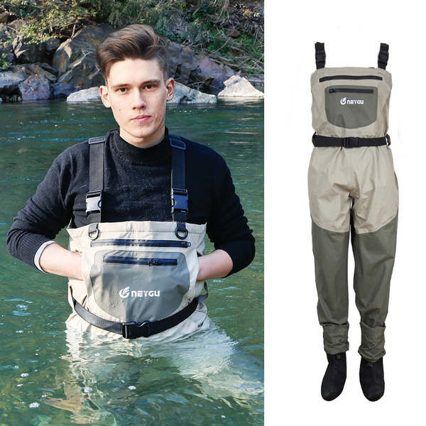Waterproof breathable chest fishing wader with neoprene socks