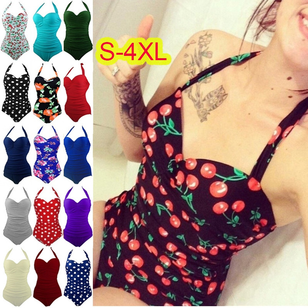 Retro Vintage Cherry Print One Piece Swimwear c Bathing Suits