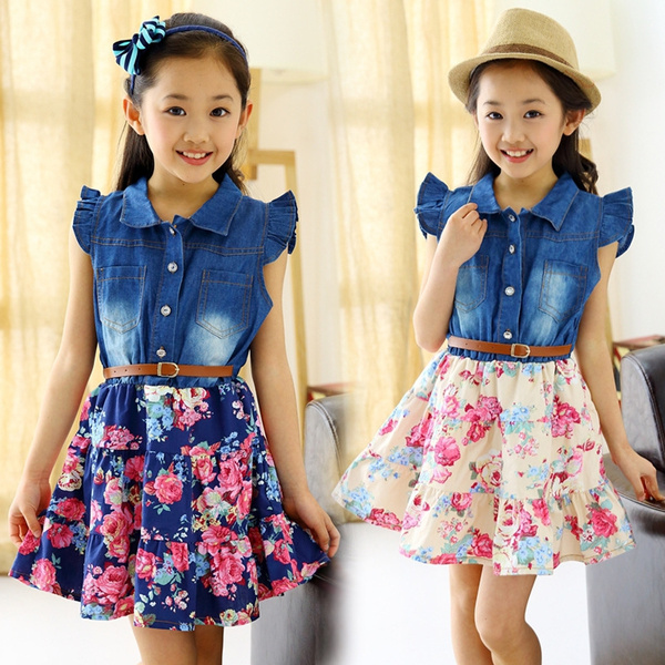 Long Sleeved Dress for Girls Autumn Kids Clothes Preppy Style Double-Layer  Collar Girls Denim Dresses