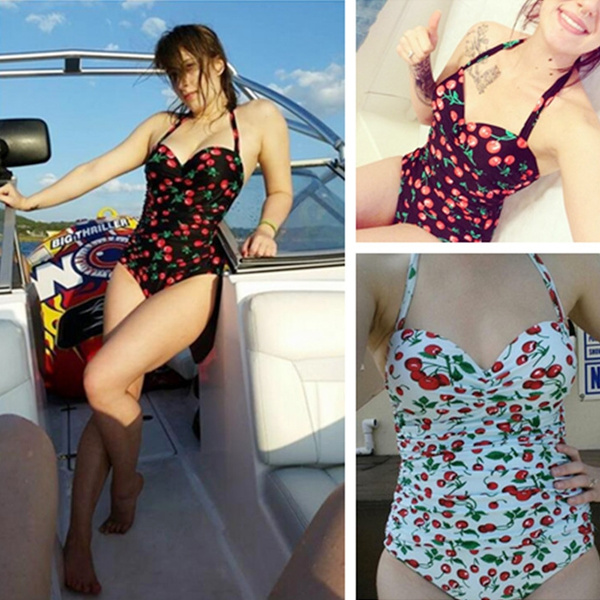 Women's Cherry Printed Low Cut Cute Slim Fit One Piece Bathing Suit