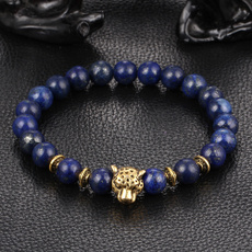 Natural Agate Fashion Bracelet Gold Lapis Lazuli Tiger Eye Prayer Beads Bracelets Jewelry Stretch Leopard Head Lion for Women and Men 