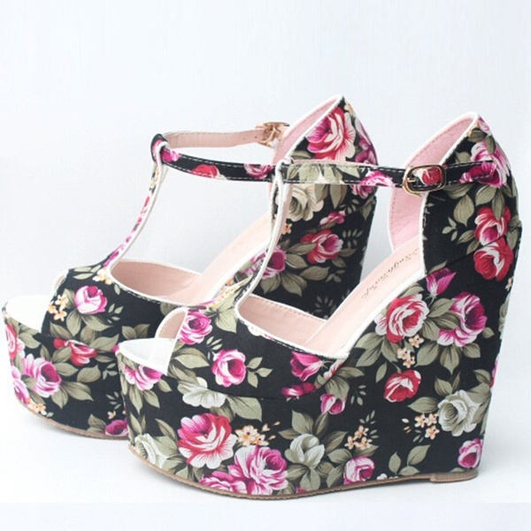 Women's Pink High Wedge Heel Platform Sandals Shoes Floral Wedge Buckle  Shoes