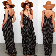 Women Loose Maxi Dress Sling Polka Dot Pocket V-neck Summer Casual Vestido