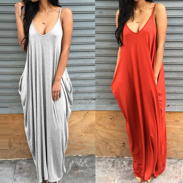 Women Summer Sexy V-neck Spaghetti Strap Pocket Casual Long Maxi Solid Dress | Wish