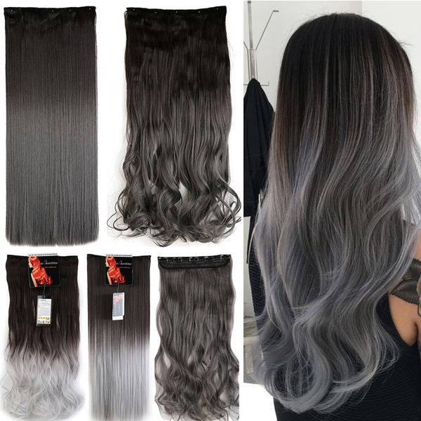 Grade A Dark Brown to Silver Grey Ombre Color 25 Inches Straight Wavy One Piece Clip in Hair Extensions Hairpiece