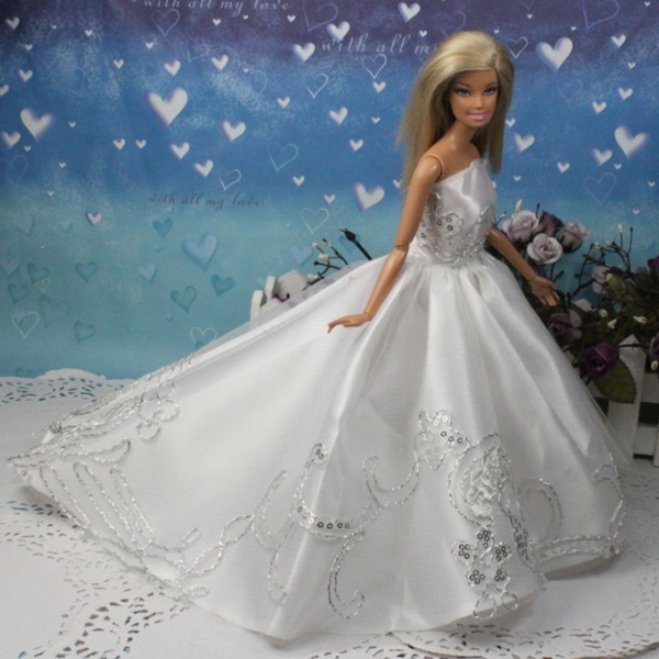 Fashion Doll White Wedding Dress Wrapped Chest Gown Mullet Dress Bridal Veil for Barbie Doll